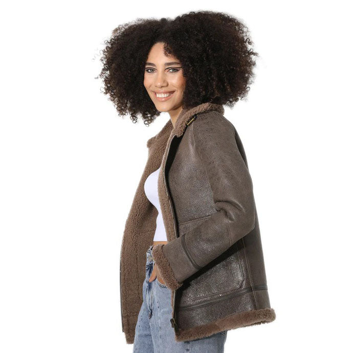 Women's Vintage Sheepskin Bomber Jacket with Cashmere Fur