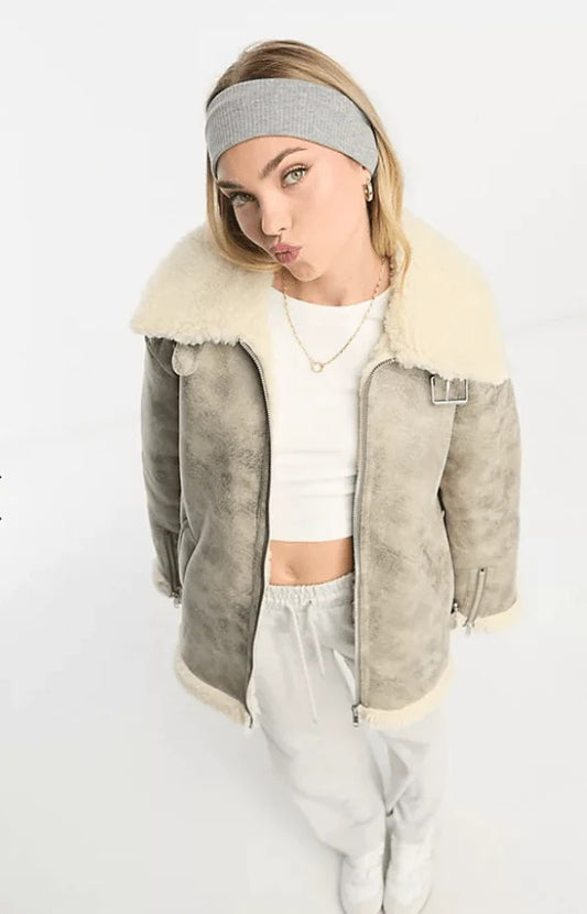 Women's White Distressed Bomber Leather Jacket