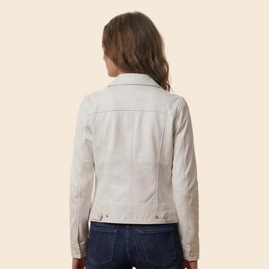 White western leather jacket for women with slim fit design and chest pockets