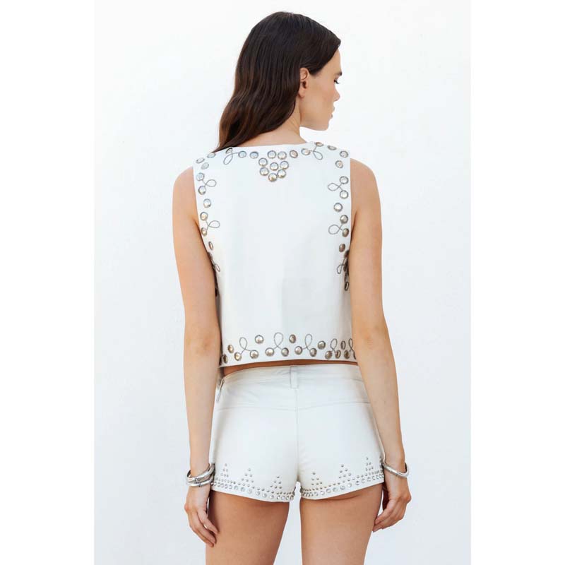 Women's White Low-Rise Studded Leather Micro Shorts