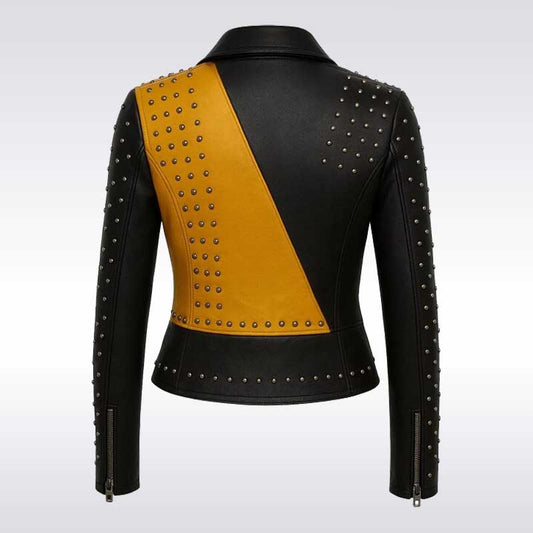 Women’s Yellow and Black Studded Leather Biker Jacket