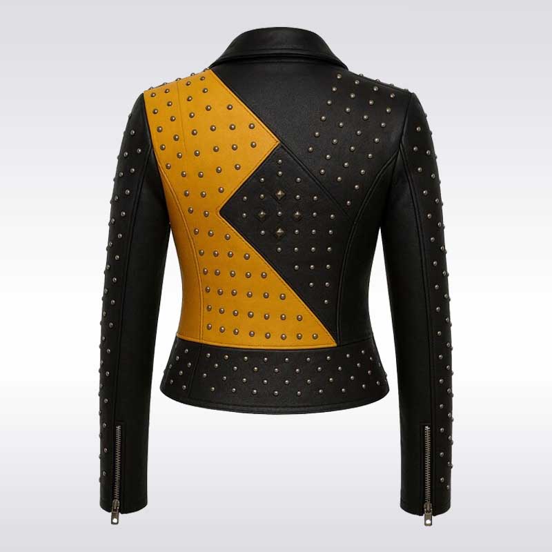Women’s Yellow and Black Studded Leather Biker Jacket