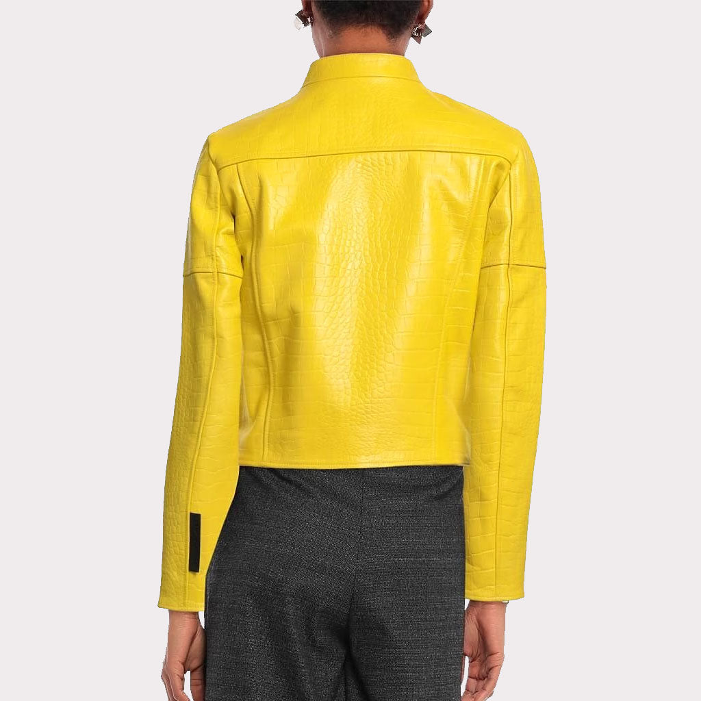 Yellow Croc-Embossed Leather Jacket for Women