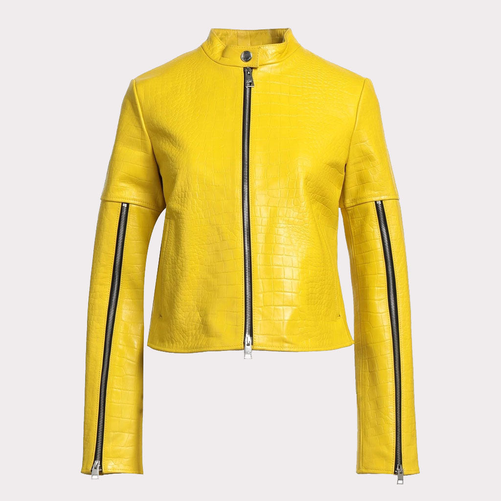 Yellow Croc-Embossed Leather Jacket for Women