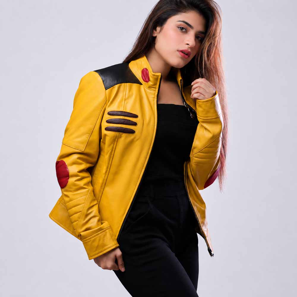 Women's Yellow Real Sheepskin Leather Cosplay Jacket with Stand Up Collar