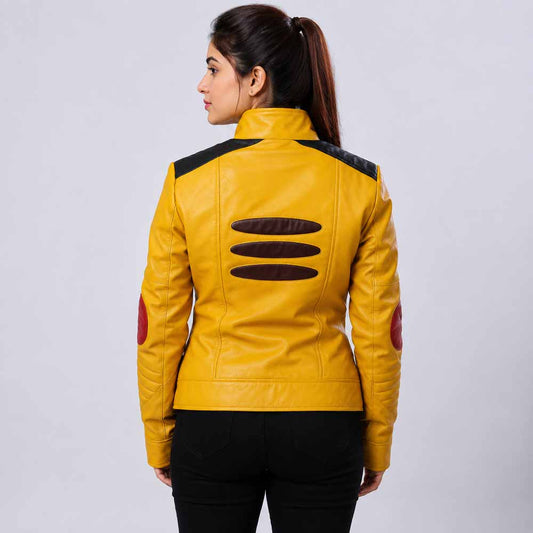 Women's Yellow Real Sheepskin Leather Cosplay Jacket with Stand Up Collar