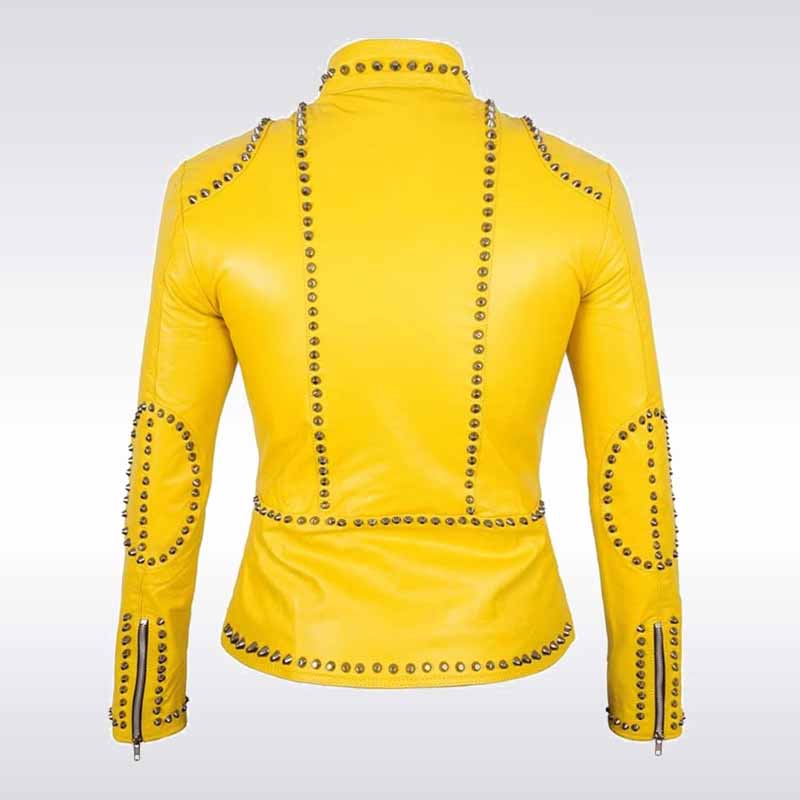 Women’s Yellow Studded Leather Biker Jacket
