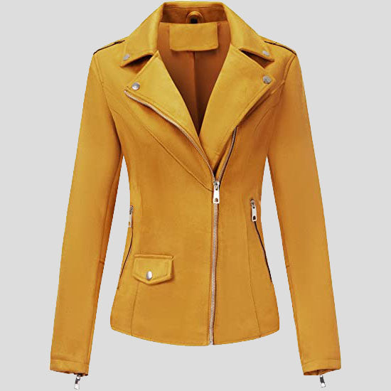 Women's Yellow Suede Leather Moto Biker Jacket