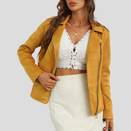 Women's Yellow Suede Leather Moto Biker Jacket - Main Image