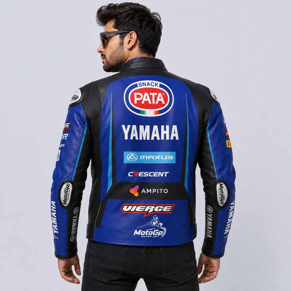 MotoGP Yamaha Xavi Vierge Jacket in Blue and Black Leather with CE Armor Racing Style