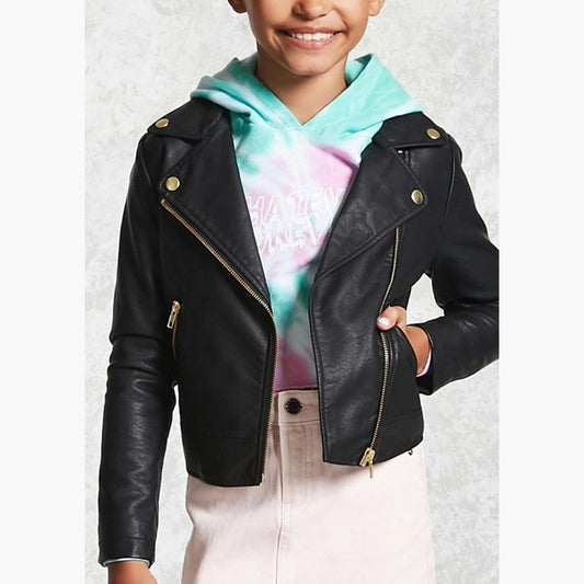 Zipper Front Black Leather Moto Jacket for Girls Zipper Front Black Leather Moto Jacket for Girls