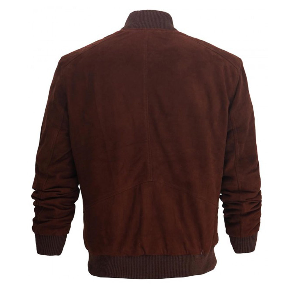 Men Dark Burgundy Suede Leather Bomber Jacket