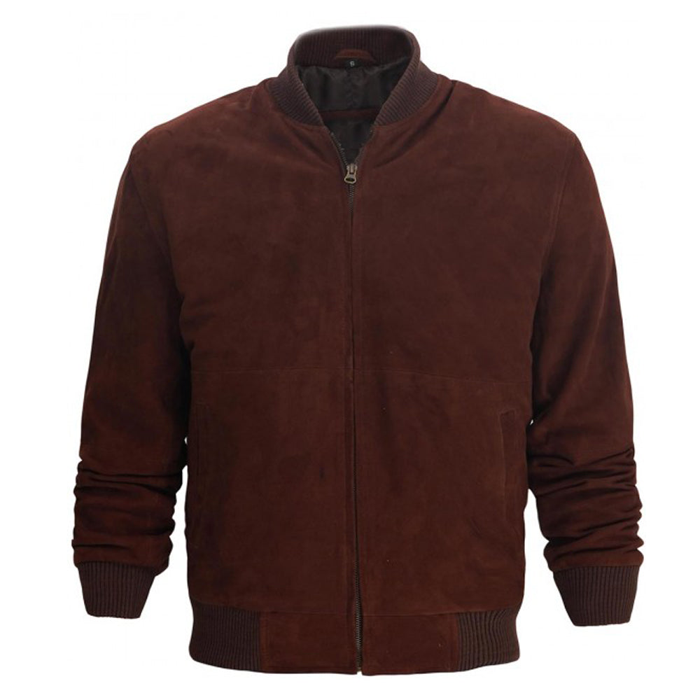 Men Dark Burgundy Suede Leather Bomber Jacket