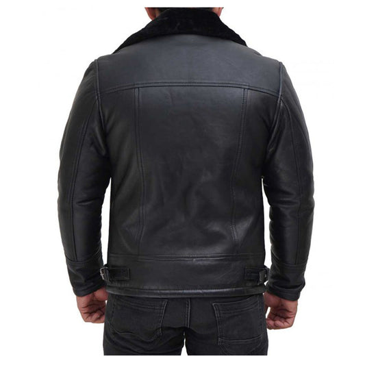 Men Black Shearling Bomber Leather Jacket