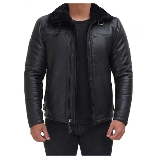 Men Black Shearling Bomber Leather Jacket Men Black Shearling Bomber Leather Jacket