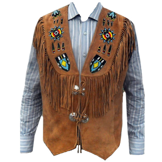 Men Western Brown Suede Leather Vest Fringes Beads Bones Men Western Brown Suede Leather Vest Fringes Beads Bones