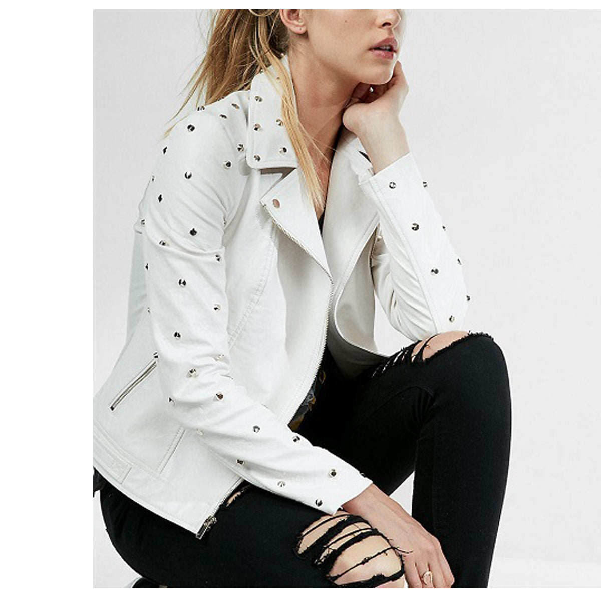 Ladies White Leather Gold Studded Party Jacket