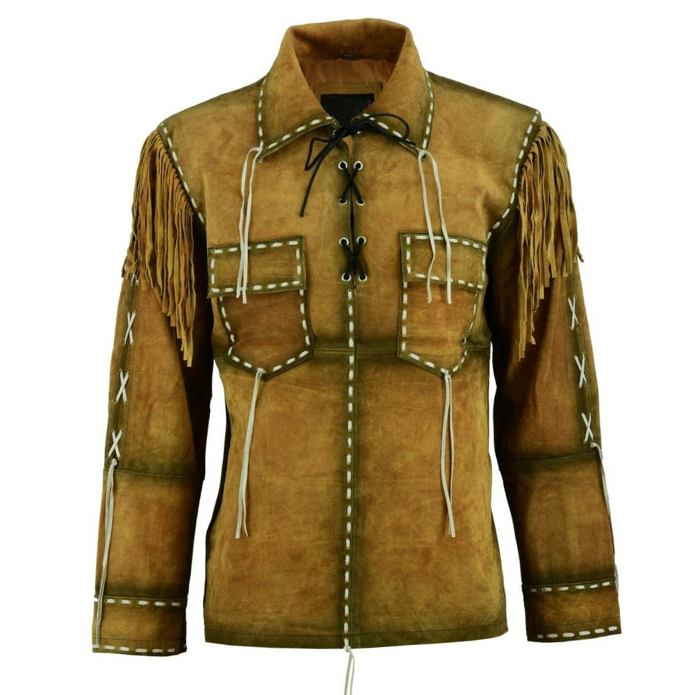 Men Cowboy Fringe Brown Suede Leather Shirt