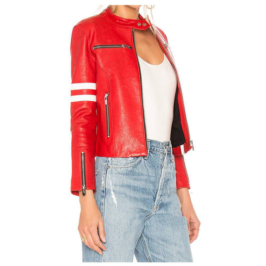 Womens Short Body Red Leather Fashion Jacket