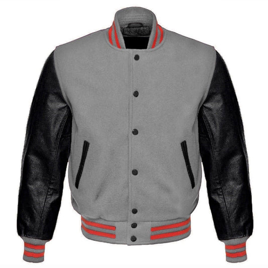 Men's Gray Wool Varsity Bomber Leather Jacket Men's Gray Wool Varsity Bomber Leather Jacket