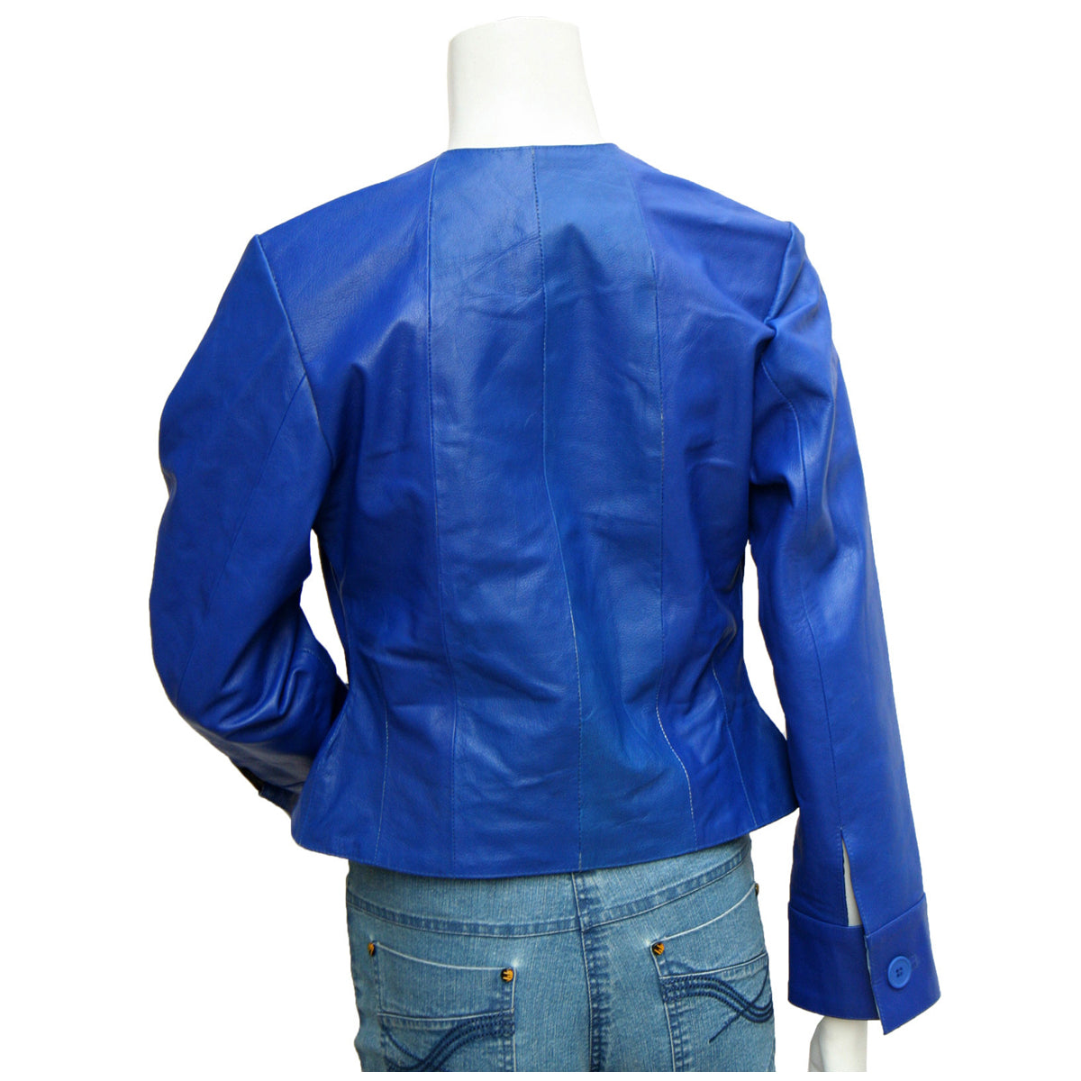 Women's Blue Leather Collarless Jacket