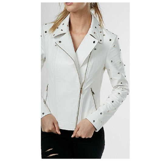Ladies White Leather Gold Studded Party Jacket Ladies White Leather Gold Studded Party Jacket