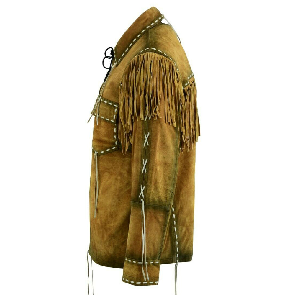 Men Cowboy Fringe Brown Suede Leather Shirt