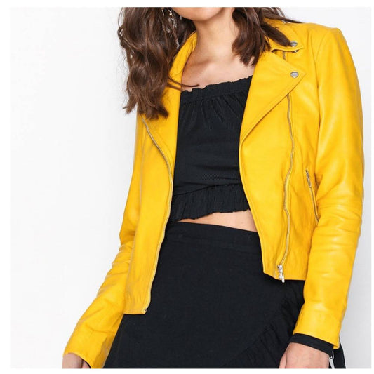 Yellow Retro Women Fashion Leather Jacket
