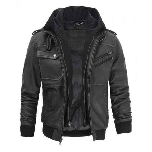 Grey Hooded Bomber Mens Leather Jacket Grey Hooded Bomber Mens Leather Jacket