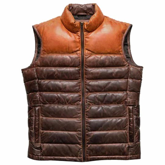Authentic Brown Bubble Leather Down Vest for Men Authentic Brown Bubble Leather Down Vest for Men