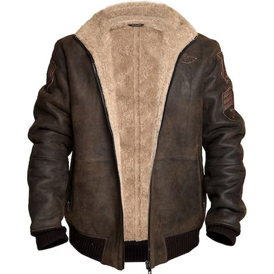 B3 RAF Aviator Brown Bomber Leather Jacket with Fur