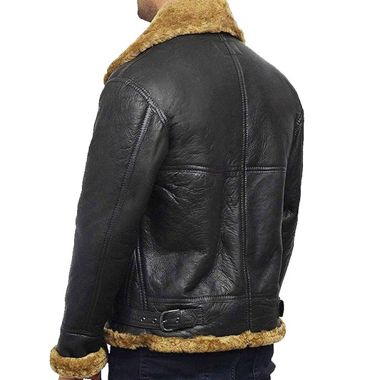 Men B3 Vintage Black World War Aviator Shearling Bomber Leather Jacket