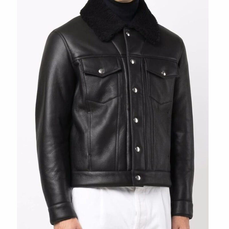 Black Leather Trucker Jacket for Men