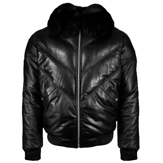 Black Leather V Bomber Jacket with Fur