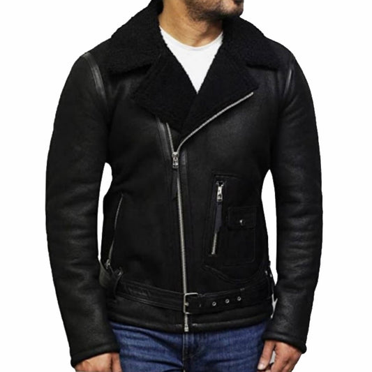 Black Sheepskin Shearling Aviator Jacket for Men