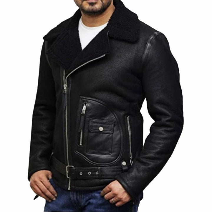 Black Sheepskin Shearling Aviator Jacket for Men