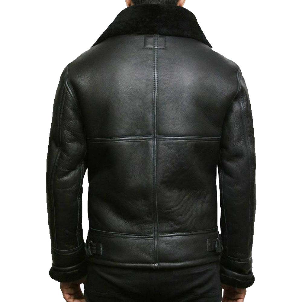 Men Black Shearling Aviator Leather Jacket back