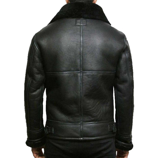 Men Black Shearling Aviator Leather Jacket back