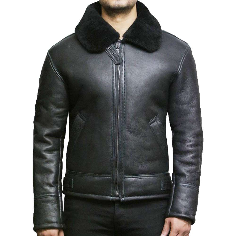 Men Black Shearling Aviator Leather Jacket