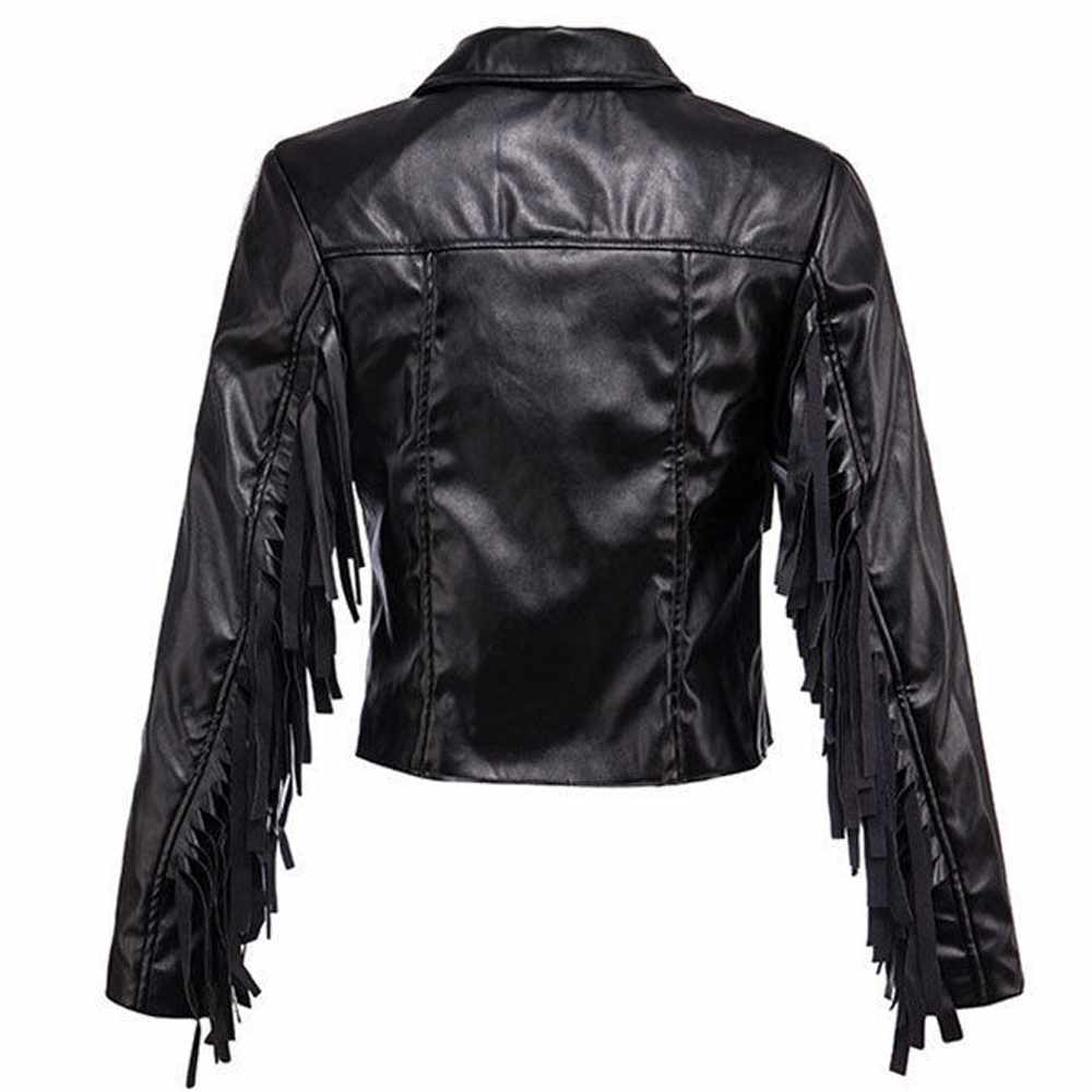 Black Bomber Fashion Fringe Leather Jacket Women