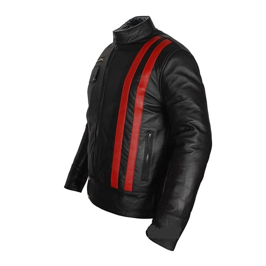 Black Leather Jacket with Red Stripes in sideview