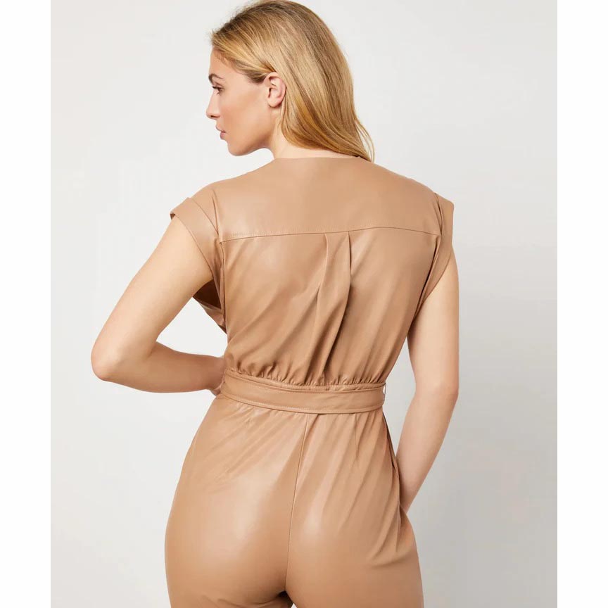Brown Faux Leather Belted Jumpsuit For Women
