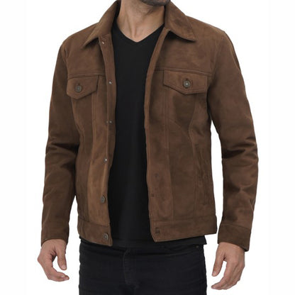 Brown Leather Trucker Jacket for Men