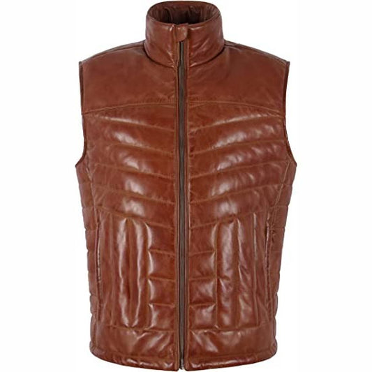 Brown Men's Quilted Puffer Leather Vest Brown Men's Quilted Puffer Leather Vest