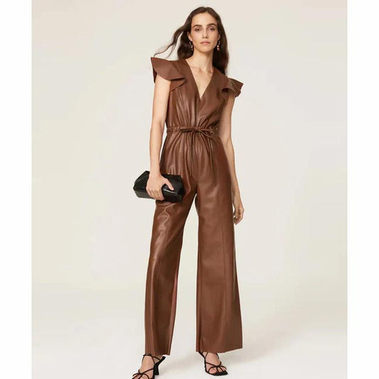 Brown Sheepskin Leather Jumpsuit For Women