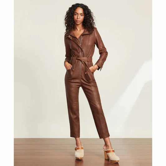 Brown Utility Belted Leather Jumpsuit for Women