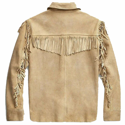Brown Western Suede Leather Jacket For Men With Fringes