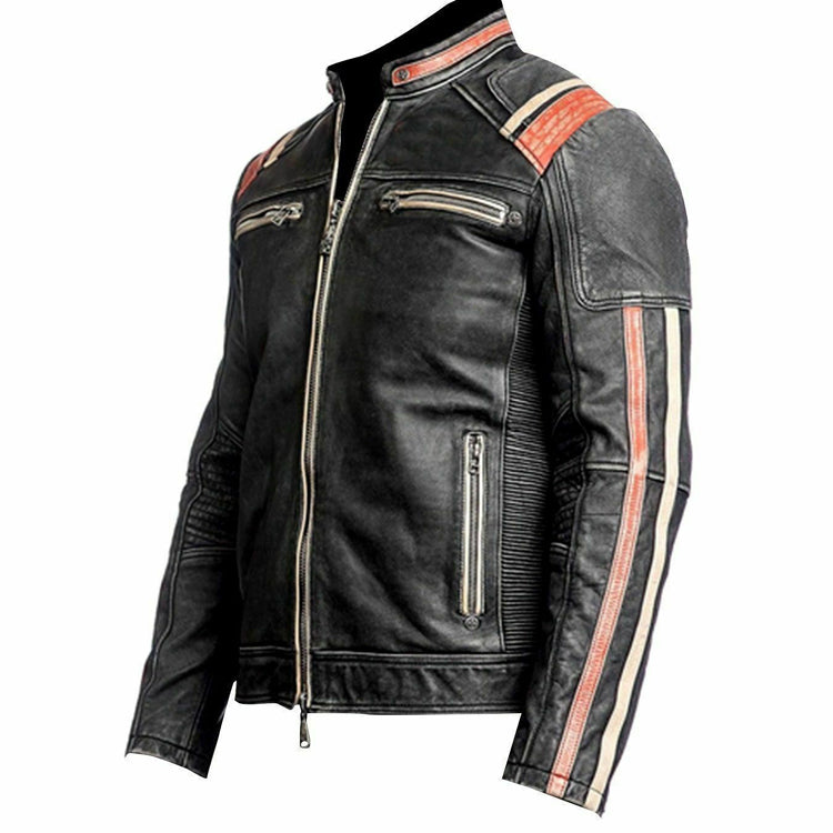 Cafe Racer Retro Distress Black Orange Racing Cowhide Leather Jacket