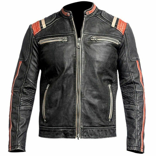 Cafe Racer Retro Distress Black Orange Racing Cowhide Leather Jacket