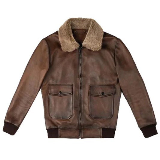 Chocolate Brown Leather Bomber Jacket